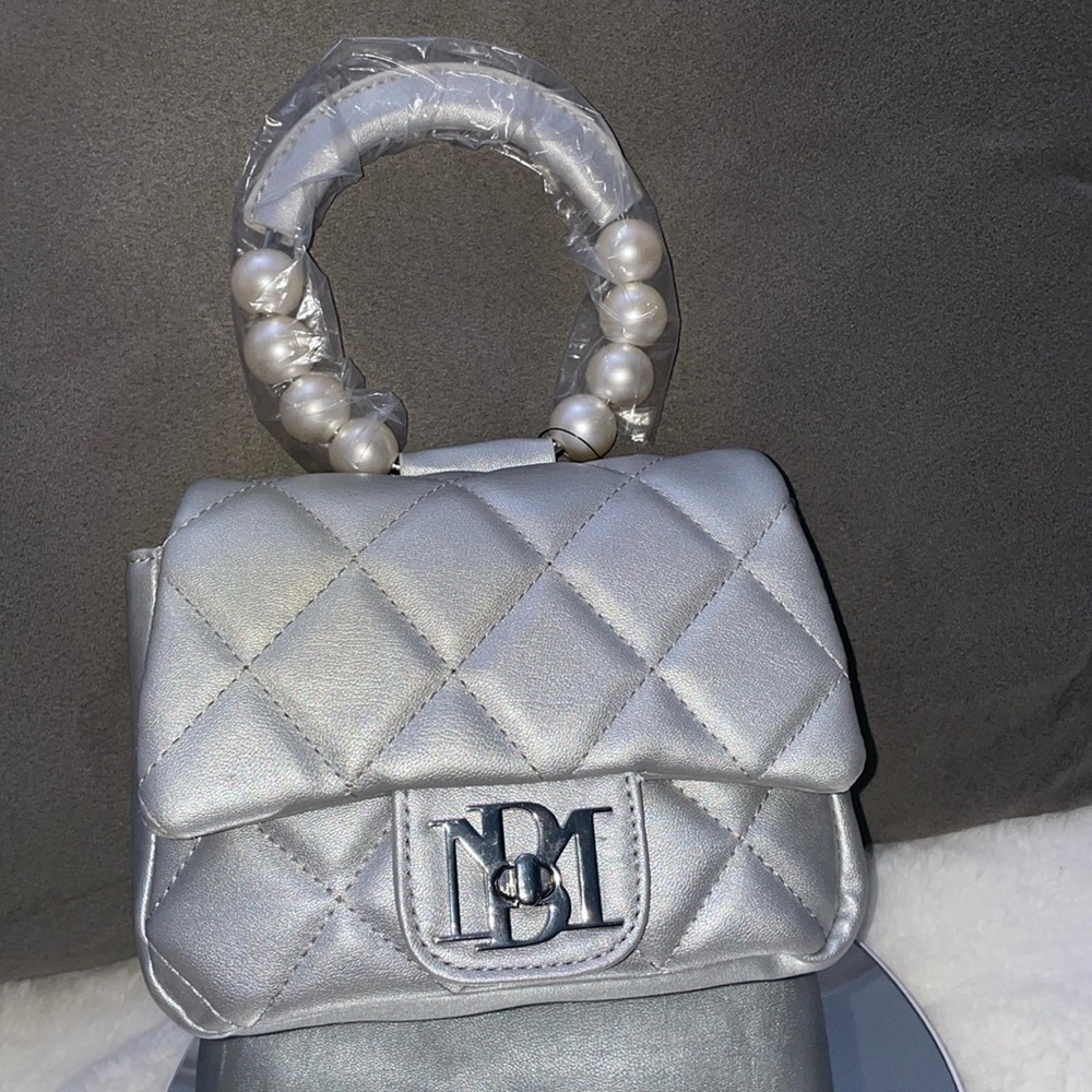 Badgley Mischka Mini Faux Pearl Embellished Top Handle Bag Silver